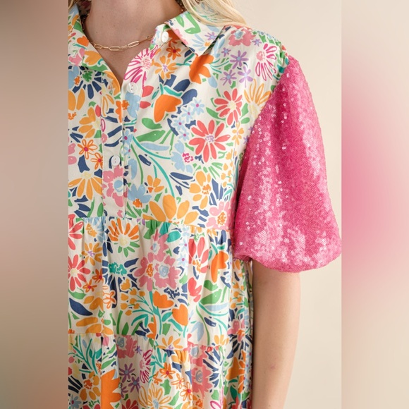 081 • Floral Button-Front Baby Doll Cotton Dress with Pink Puff Sequined Sleeves - Picture 6 of 12